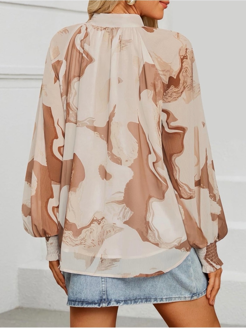 Beige Marble-Print Long Sleeve Blouse - Neutral Tones